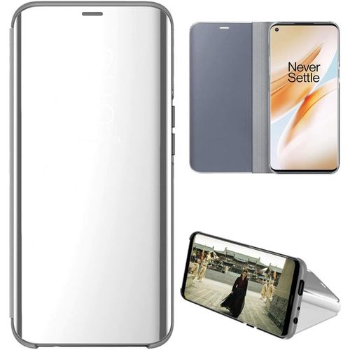 Oneplus 8 Coque Etui  Rabat En Pu Cuir Cover Flip Case Translucide Clear View Effet Miroir Standing Support Pour Oneplus 8 Argent
