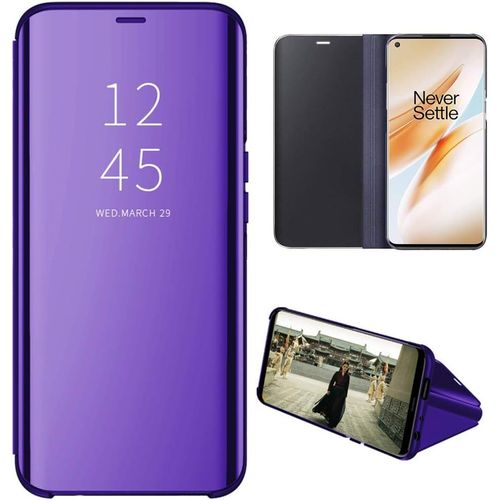 Oneplus 8 Coque Etui  Rabat En Pu Cuir Cover Flip Case Translucide Clear View Effet Miroir Standing Support Pour Oneplus 8 Bleu Violet