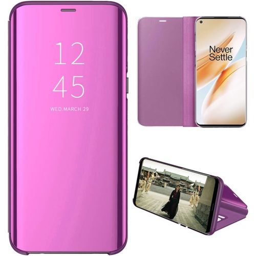Oneplus 8 Coque Etui  Rabat En Pu Cuir Cover Flip Case Translucide Clear View Effet Miroir Standing Support Pour Oneplus 8 Violet