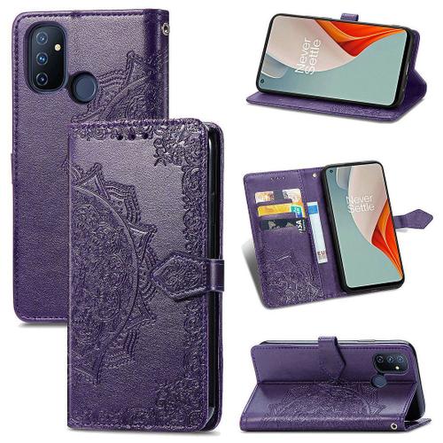 Oneplus Nord N100 Coque, Saturcase Mandala Gaufrage Pu Cuir Magntique Flip Portefeuille Support Porte-Carte Protecteur Coque Housse tui Avec Dragonne Pour Oneplus Nord N100 (Violet)