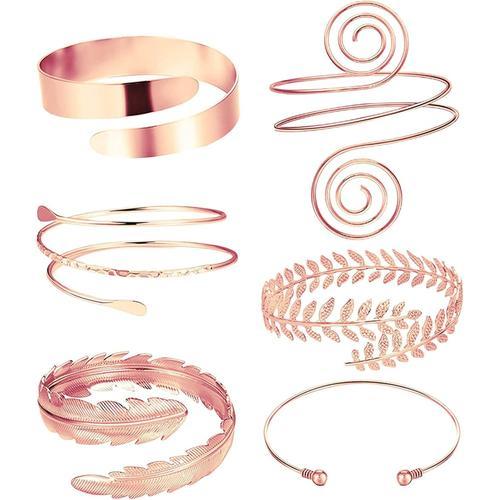 Or Rose Ensemble De Brassards En Mtal Simples Pour Femmes, Accessoires, Feuille Europenne Et, Gomtrique, Spirale, Peut tre Ajust Plaqu Bracelet Perle Bracelet Largeur Anneaux