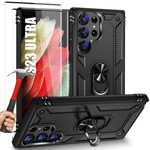 Pack 2 Verres Tremps + Coque Pour Samsung Galaxy S23 Ultra Noir Cache Camra Antichoc Style Arme Dure - E.F.Connection