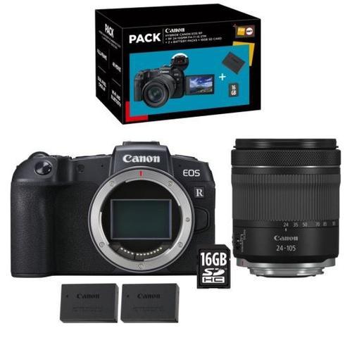 Pack appareil photo hybride Canon EOS RP + RF 24-105 mm f/4-7.1 IS STM + Seconde Batterie LP-E17 + Carte SD 16GB Noir