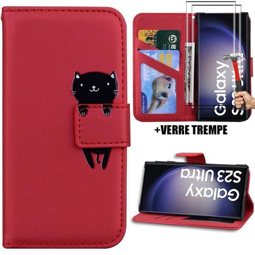 Pack Coque + 2 Verres Tremps Pour Samsung Galaxy S23 Ultra, Cuir Pu Rouge Avec Motif Chat Fermeture Magntique (Pas Pour S23) - Booling