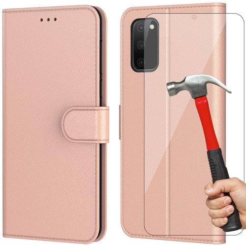 Pack De 2 Verres Trempes Et Coque Pour Samsung S20 (6.5'') Rose Effet Cuir Couleur Unie Porte-Carte Portefeuille