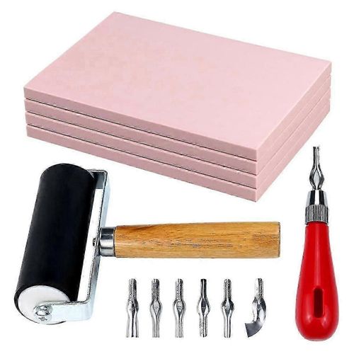 Pack De 4 Blocs De Sculpture De Tampons En Caoutchouc Avec Outils De Coupe Et Rouleau De Brayer En Caoutchouc Compatible Avec La Gravure Et Plus DArtisanat