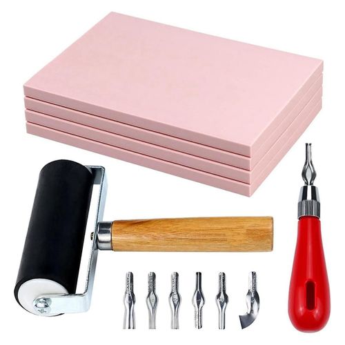 Pack De 4 Blocs De Sculpture De Timbre De Bloc En Caoutchouc Avec Des Outils De Coupe Et Un Rouleau De Brayer En Caoutchouc Pour La Gravure Et Plus DArtisanat