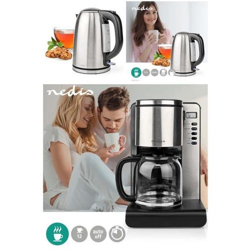 PACK DEJEUNER Cafetire Machine  caf Programmable LCD Inox 1.5L 1000W + Bouilloire RETRO INOX 1L7 2200W protection contre l'bulli