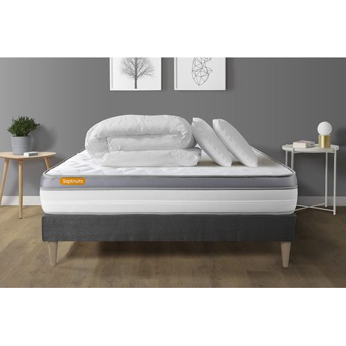 Pack Matelas + Sommier Kit Gris 140x200 Memo Zen Mousse A Memoire De Forme Maxi Epaisseur + Couette + 2 Oreillers