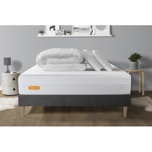 Pack Matelas + Sommier Kit Gris 180x200 Memo Bio Mousse A Memoire De Forme Maxi Epaisseur + Couette + 2 Oreillers