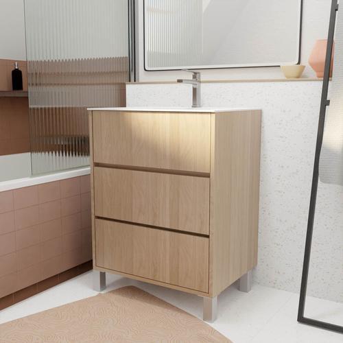 Pack Meuble Salle De Bains 60 Cm Chne Clair, 3 Tiroirs Avec Vasque Cramique - Xenos