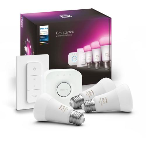 Pack Philips Hue White & Color Ambiance E27 X3 - Kit De Dmarrage 3 Ampoules Connectes + Interrupteur Avec Variateur