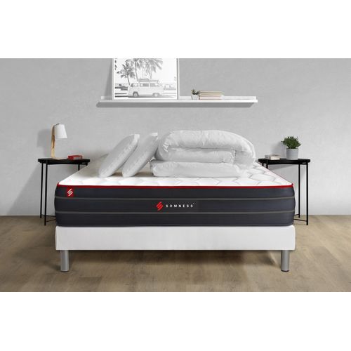 Pack Prt A Dormir 200x200 Matelas Boost Ressorts Ensaches Et Memoire De Forme + Sommier Kit Blanc + Couette + 2 Oreillers