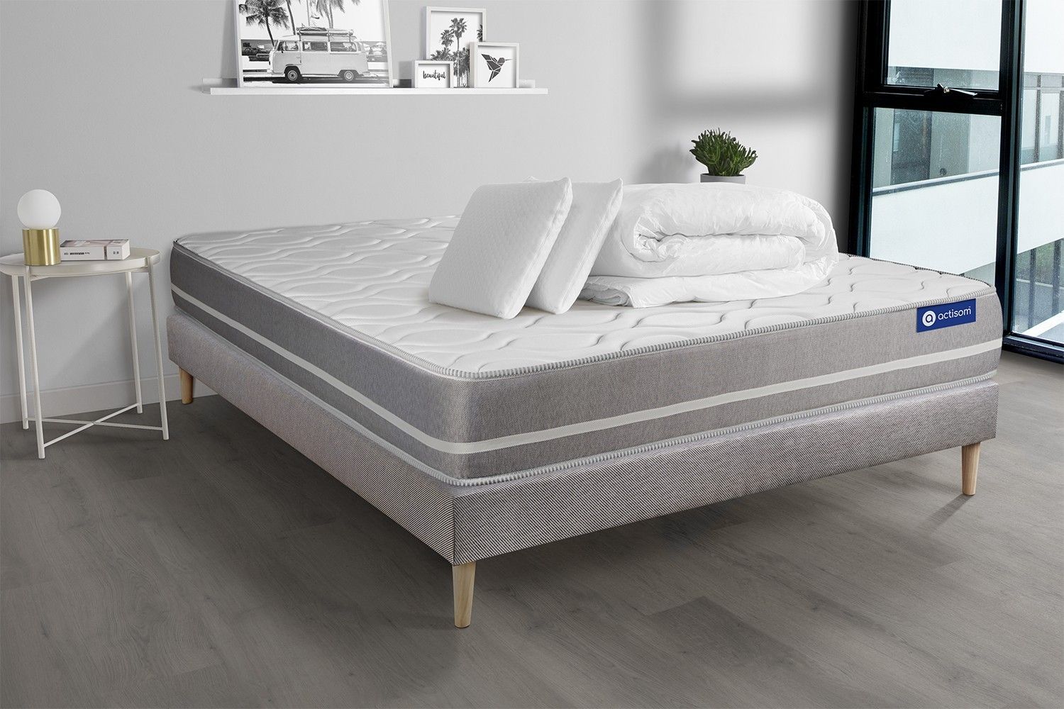 Pack Prt A Dormir Matelas Latex + Memoire De Forme Actilatex Touch 160x200 Cm + Sommier Kit Gris + 2 Oreillers + Couette