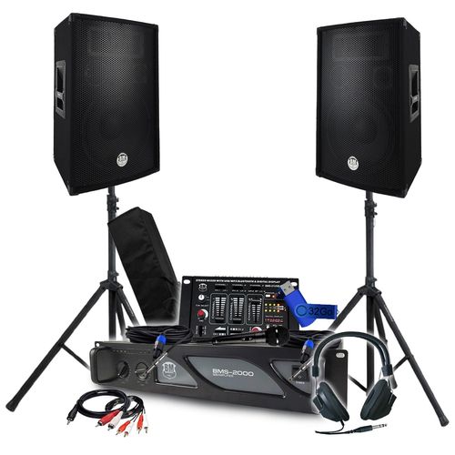 Pack Sono BM SONIC Amplificateur 2000W, Paire d'Enceintes Passives 2x600W, Table de Mixage, Pieds, Casque DJ, Cbles et Micro