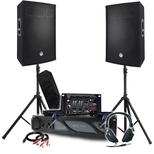 Pack Sono BM SONIC Amplificateur 3000W, Paire d'Enceintes Passives 2x700W, Table de Mixage, Pieds, Casque DJ, Cbles et Micro