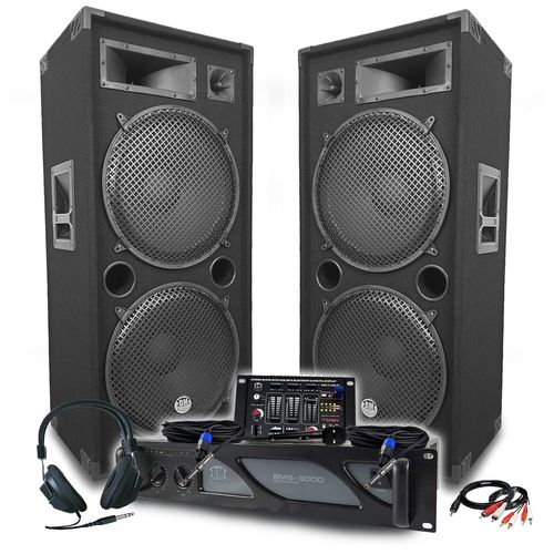 Pack Sono DJ BM SONIC Amplificateur 3000W, Paire d'Enceintes Passives LSC215 2x2000W, Table de Mixage, Casque DJ, Cbles, Micro