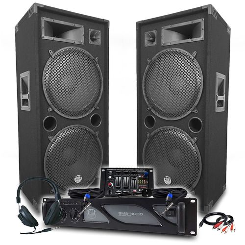 Pack Sono DJ BM SONIC Amplificateur 4000W, Paire d'Enceintes Passives LSC215 2x2000W, Table de Mixage, Casque DJ, Cbles, Micro