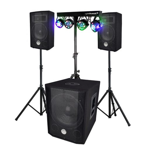 Pack sonorisation BMS1208, Caisson bi-amplifi 1000W, USB Bluetooth, 30cm, Satellites, cbles, Portique + 4 PAR /UV DMX, 18 prog