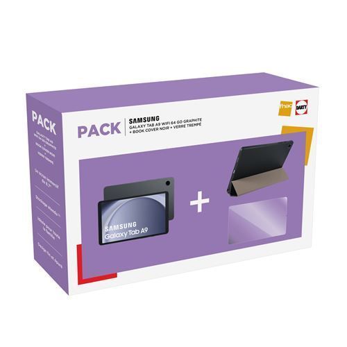 Pack Tablette Tactile Samsung Galaxy Tab A9 8,7 Wi-Fi 64 Go Graphite + Book Cover Noir + Verre tremp