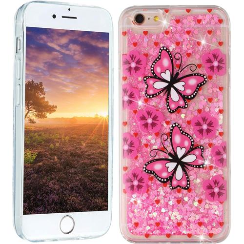 Paillettes Coque Pour Iphone 6s / 6 (4.7 Inch) Silicone Souple Glitter Antichoc Etui Iphone 6 6s Transparente Motif Housse De Protection Tpu Case Pour Fille Femme - Papillon Rose