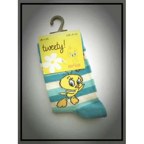 Paire De Chaussettes Titi * Anglais Tweety - Pour Enfant Bb Mixte Fille Ou Garon Garon - Vert Turquoise , Bleu Vert Ptrole , cru - Ray Rayes  Rayures - 19 / 22 = De 12 / 18 Mois  21 Mois