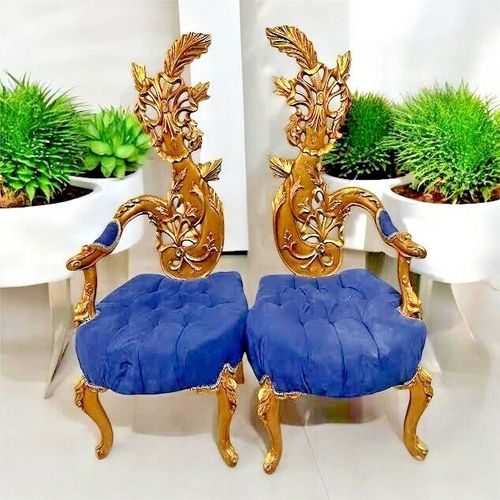Paire De Fauteuils Louis Xv  Bois Sculpt & Daim Bleu  Fleurs