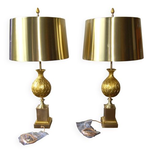 Paire De Lampes Maison Charles Modle Persane Abats Jour En Laiton Restaures Dore