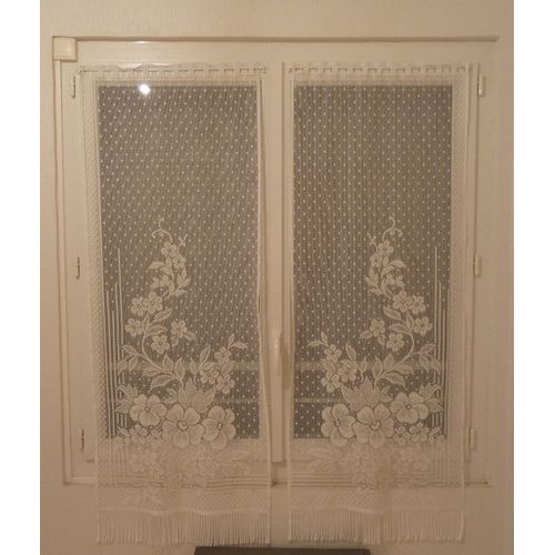 Paire De Rideaux / Vitrage 60 X 160 Cm. Blanc. Motif Fleurs Avec Franges En Bas (Recoupables). Idal Chambre. Oeillets Passe Tringle