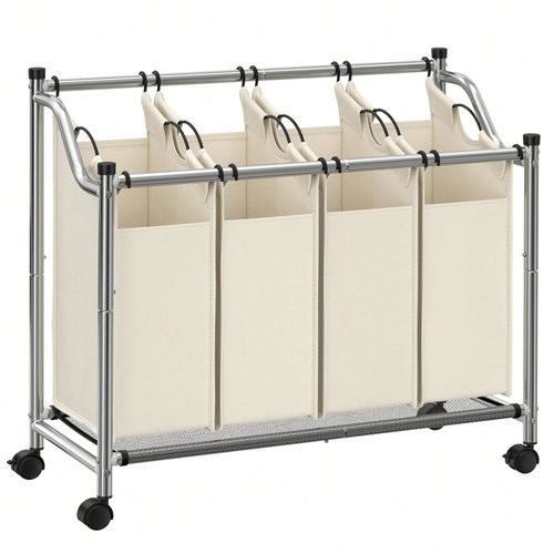 Panier  Linge Mobile, Chariot Linge Sale, Corbeille Avec 4 Sacs Amovibles, Avec Roulettes, Pour Buanderie, Salle De Bain, 4 X 35 L, Beige Sable