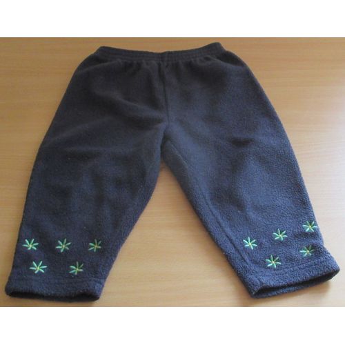 Pantalon Fillette Marine Aspect Courtelle Avec 2 Ranges De Fleurs Brodes Au Bas Des Jambes (Hauteur 48cm)-Minoti 18/23mois - 100%Polyester-Ancien Et Peu Port