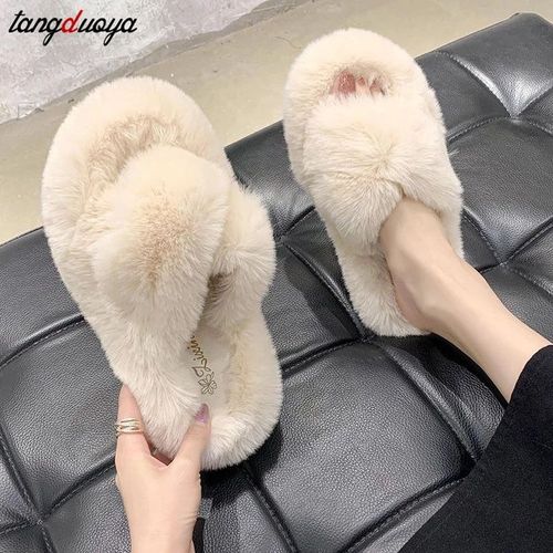 Pantoufles  Fourrure Pour La Maison, Chaussures Pour Femmes, Sandales Mignonnes En Peluche En Poils De Renard, Pantoufles En Fourrure D'intrieur, Pantoufles D'hiver Pour Femmes, Taille 42 - 34