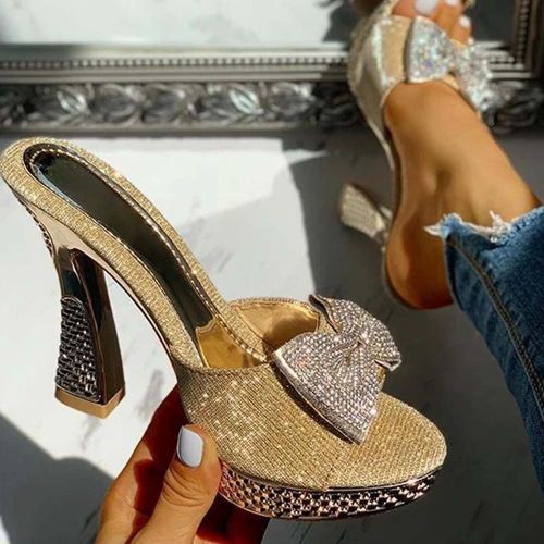 Pantoufles  La Mode Avec NUd Papillon Pour Femmes, Chaussures D't Sexy  Talons Hauts Et pais Avec Plateforme En Cristal, 2021 - 38