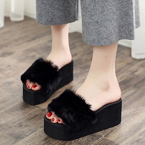 Pantoufles  Plateforme En Fourrure Pour Femmes, Pantoufles D'intrieur Et D'hiver  Talons Hauts Chauds - 38