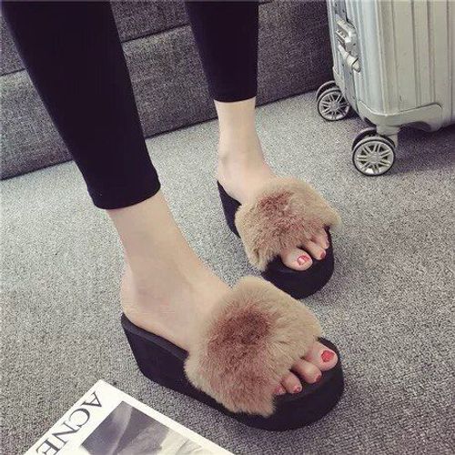Pantoufles  Plateforme En Fourrure Pour Femmes, Pantoufles D'intrieur Et D'hiver  Talons Hauts Chauds - 35