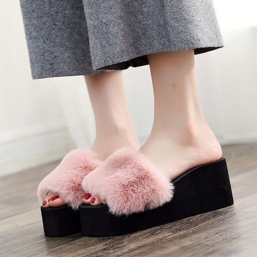 Pantoufles  Plateforme En Fourrure Pour Femmes, Pantoufles D'intrieur Et D'hiver  Talons Hauts Chauds - 35