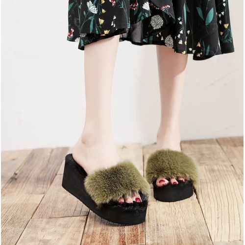 Pantoufles  Plateforme En Fourrure Pour Femmes, Pantoufles D'intrieur Et D'hiver  Talons Hauts Chauds - 35