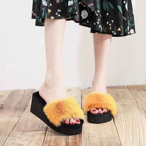 Pantoufles  Plateforme En Fourrure Pour Femmes, Pantoufles D'intrieur Et D'hiver  Talons Hauts Chauds - 36