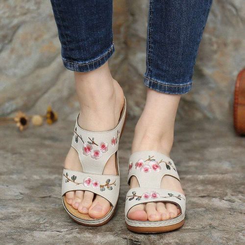 Pantoufles  Plateforme Fleurie Pour Femmes, Chaussures Plates Pour Femmes, Confortables,  La Mode, Style Ethnique, Nouvelle Collection, t Dcontract - 40