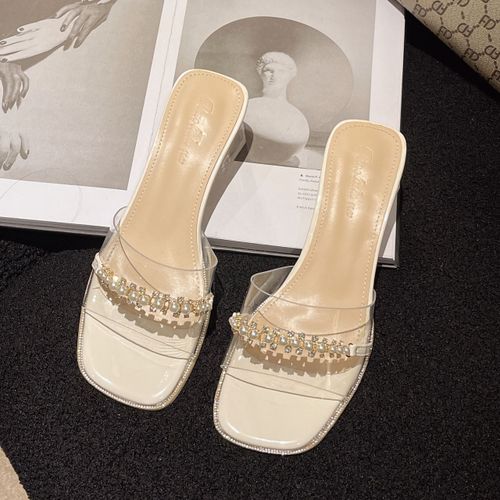 Pantoufles  Talons pais En Pvc Transparent Pour Femmes,Tongs,Escarpins,Chaussures,Diapositives,String,Perle,Sexy,Robe,Mode,t,2024 - 40
