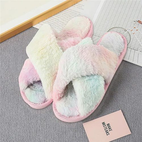 Pantoufles Croises En Fourrure Moelleuse Pour Femmes,Toboggans Pour La Maison,Plate-Forme Intrieure,Tongs De Sol Plates,Chaussures Pour Dames,Hiver,Mode 2023