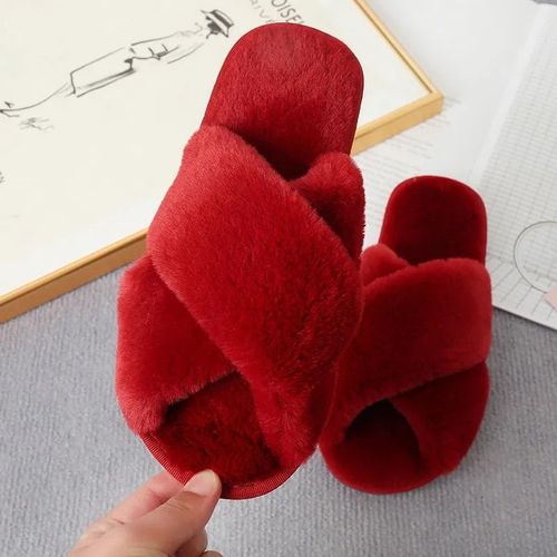 Pantoufles Croises En Fourrure Moelleuse Pour Femmes,Toboggans Pour La Maison,Plate-Forme Intrieure,Tongs De Sol Plates,Chaussures Pour Dames,Hiver,Mode 2023