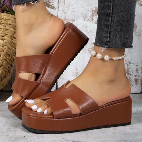 Pantoufles D't  Semelle Compense En Cuir Pour Femme,Pantoufles Plates,Dcontractes,En Caoutchouc,De Luxe,De Haute Qualit,Dores - 38
