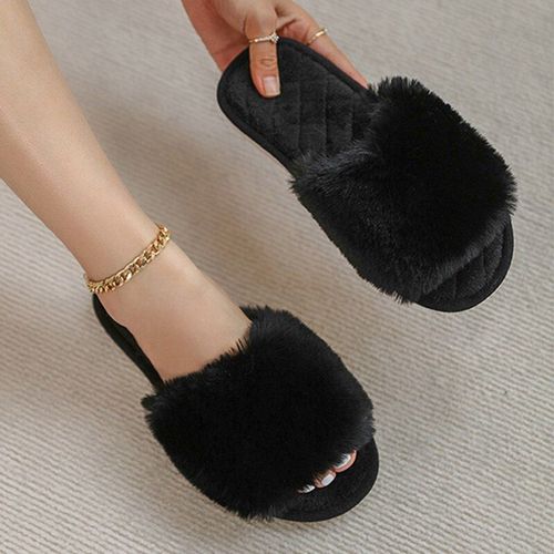 Pantoufles D'hiver En Fausse Fourrure Pour Femmes, Chaussures D'intrieur  Bout Ouvert, Chaudes Et Plates En Peluche, Confortables Et  La Mode