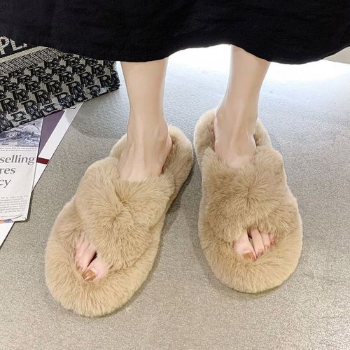 Pantoufles D'hiver En Fourrure Pour Femmes, Chaussures Chaudes Et Moelleuses  Bande Croise, Confortables  Bout Ouvert Pour Filles - 37