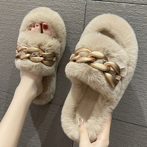 Pantoufles D'hiver En Fourrure Pour Femmes, Chaussures Chaudes Et Moelleuses  Bande Croise, Confortables  Bout Ouvert Pour Filles - 40