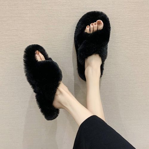 Pantoufles D'hiver En Fourrure Pour Femmes, Chaussures Chaudes Et Moelleuses  Bande Croise, Confortables  Bout Ouvert Pour Filles - 40