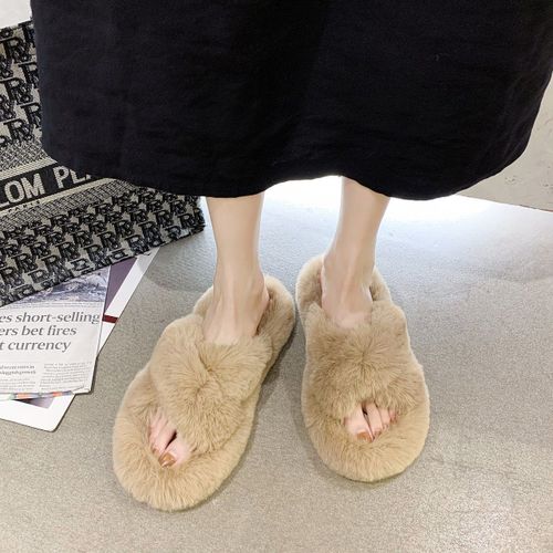 Pantoufles D'hiver En Fourrure Pour Femmes, Chaussures Chaudes Et Moelleuses  Bande Croise, Confortables  Bout Ouvert Pour Filles - 37