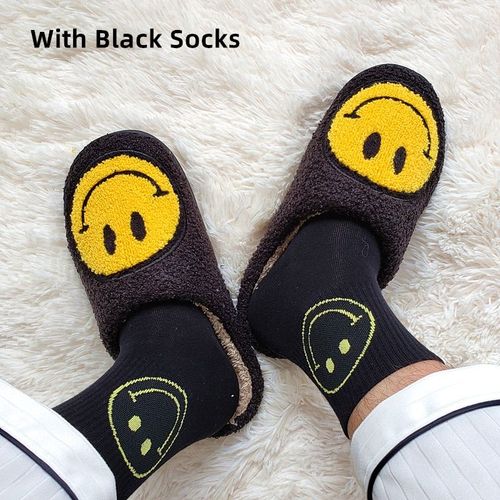 Pantoufles D'hiver En Fourrure Pour Femmes Et Hommes, Motif Grand Smiley, Glissades Moelleuses Pour La Maison, Chaussures En Coton Chaudes En Peluche Pour La Chambre  Coucher, Automne