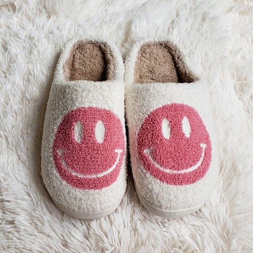 Pantoufles D'hiver En Fourrure Pour Femmes Et Hommes, Motif Grand Smiley, Glissades Moelleuses Pour La Maison, Chaussures En Coton Chaudes En Peluche Pour La Chambre  Coucher, Automne